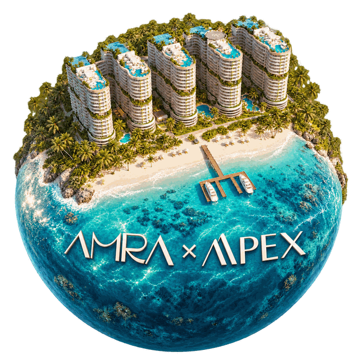 AMRA × Apex als wereldbol: de torens aan het strand met de steiger